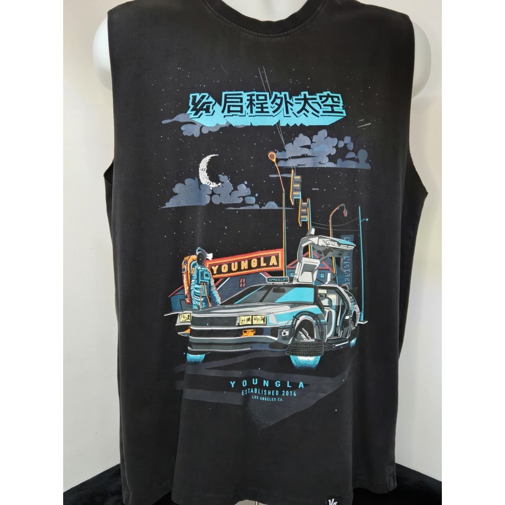YoungLA Sleeveless Graphic Tank Top Small Oversized DeLorean Astronaut Black - Picture 2 of 6
